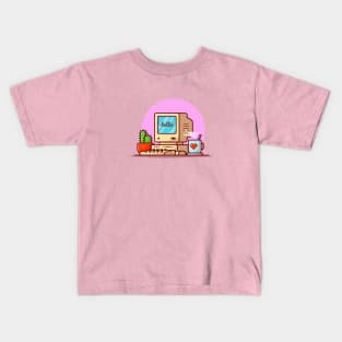 Old Computer Desktop with Coffee and Cactus Cartoon Vector Icon Illustration Kids T-Shirt